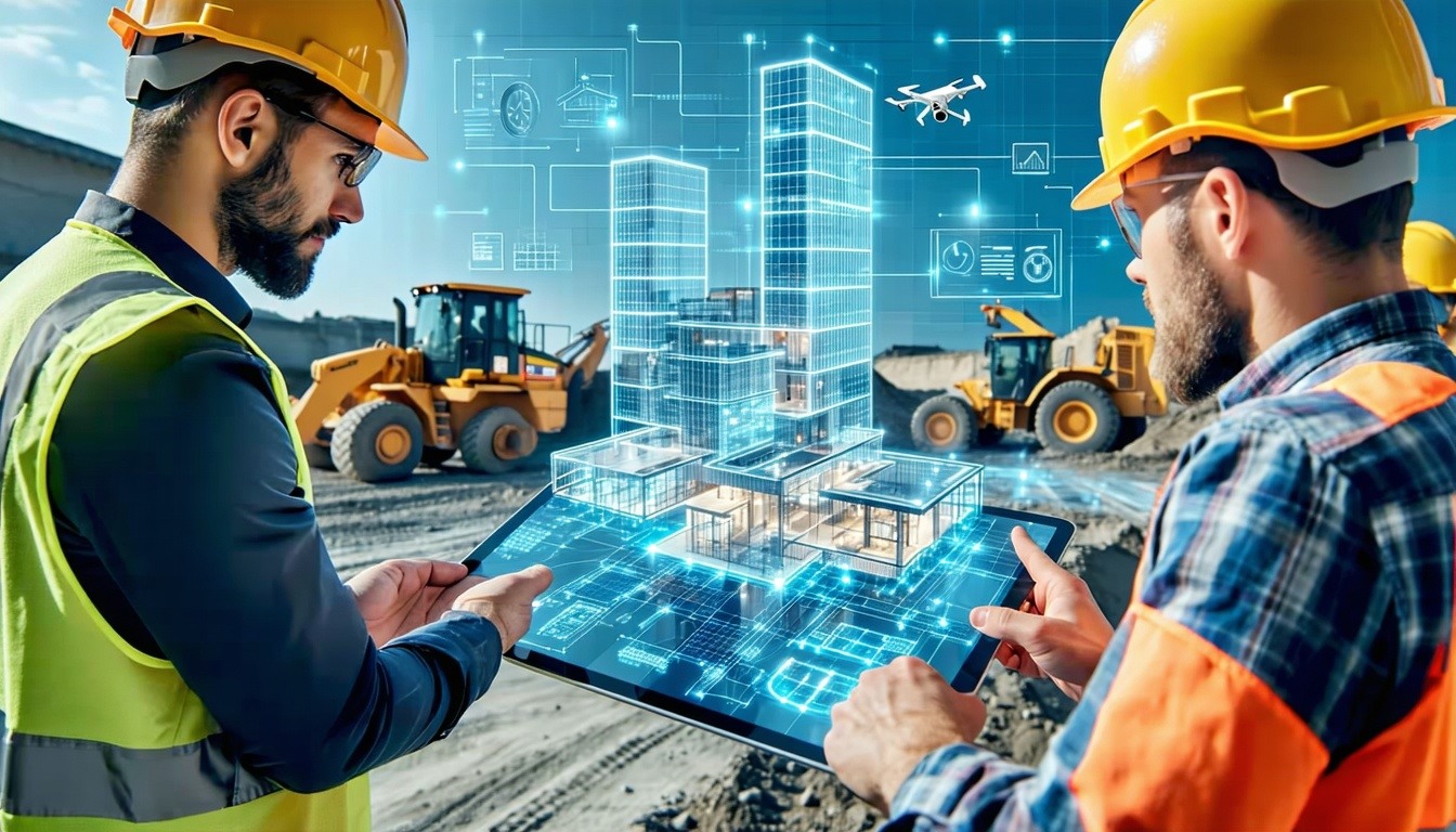 A dynamic construction site featuring engineers, architects, and contractors collaborating with advanced digital tools