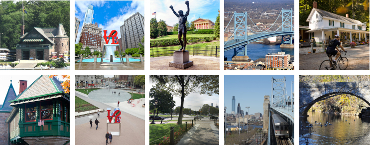 Reference photos for Boathouse Row, Love Park, the Rocky Statue, Ben Franklin Bridge, and Valley Green Inn