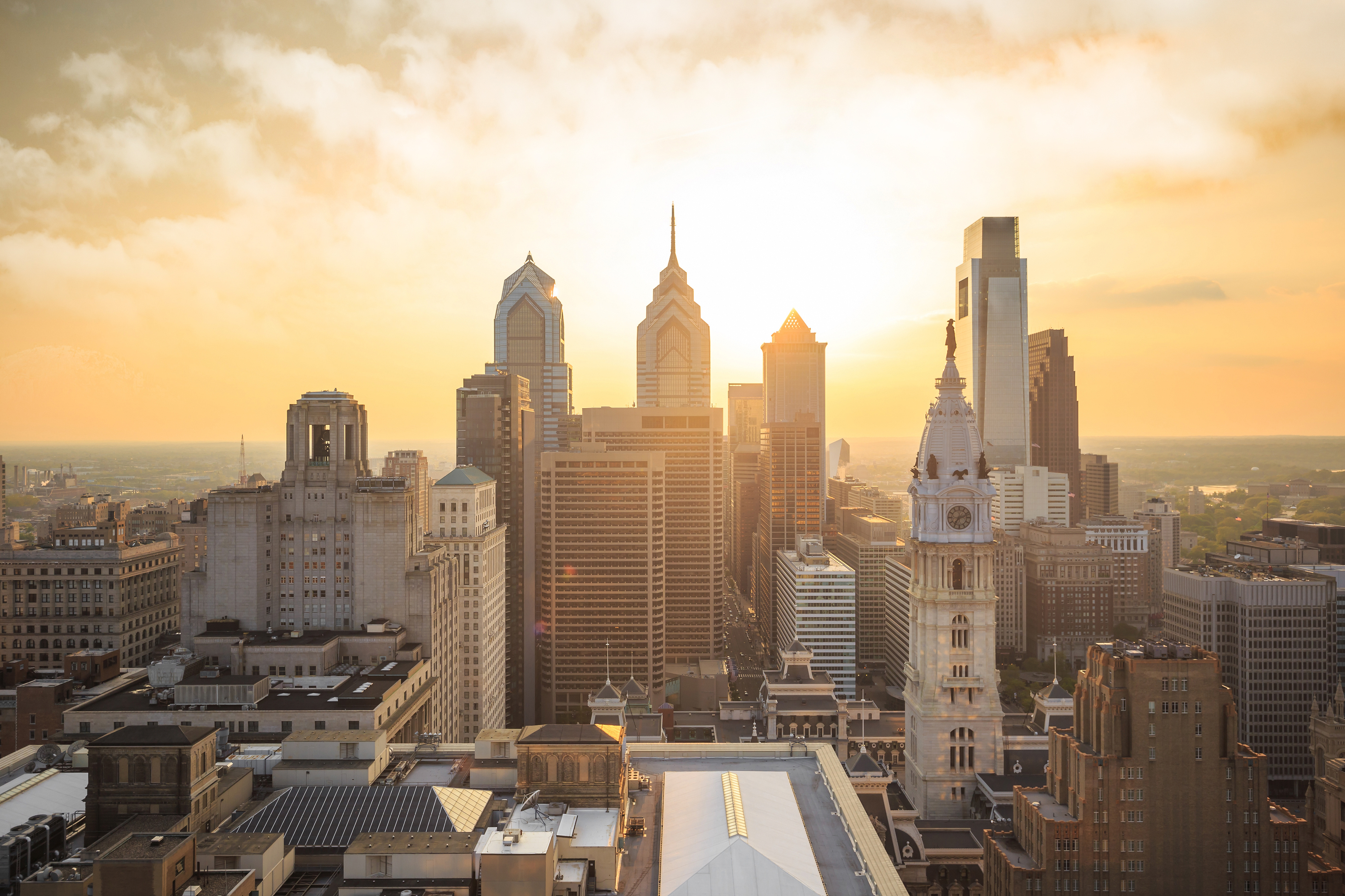 Aerial view of Philadelphia at sunset