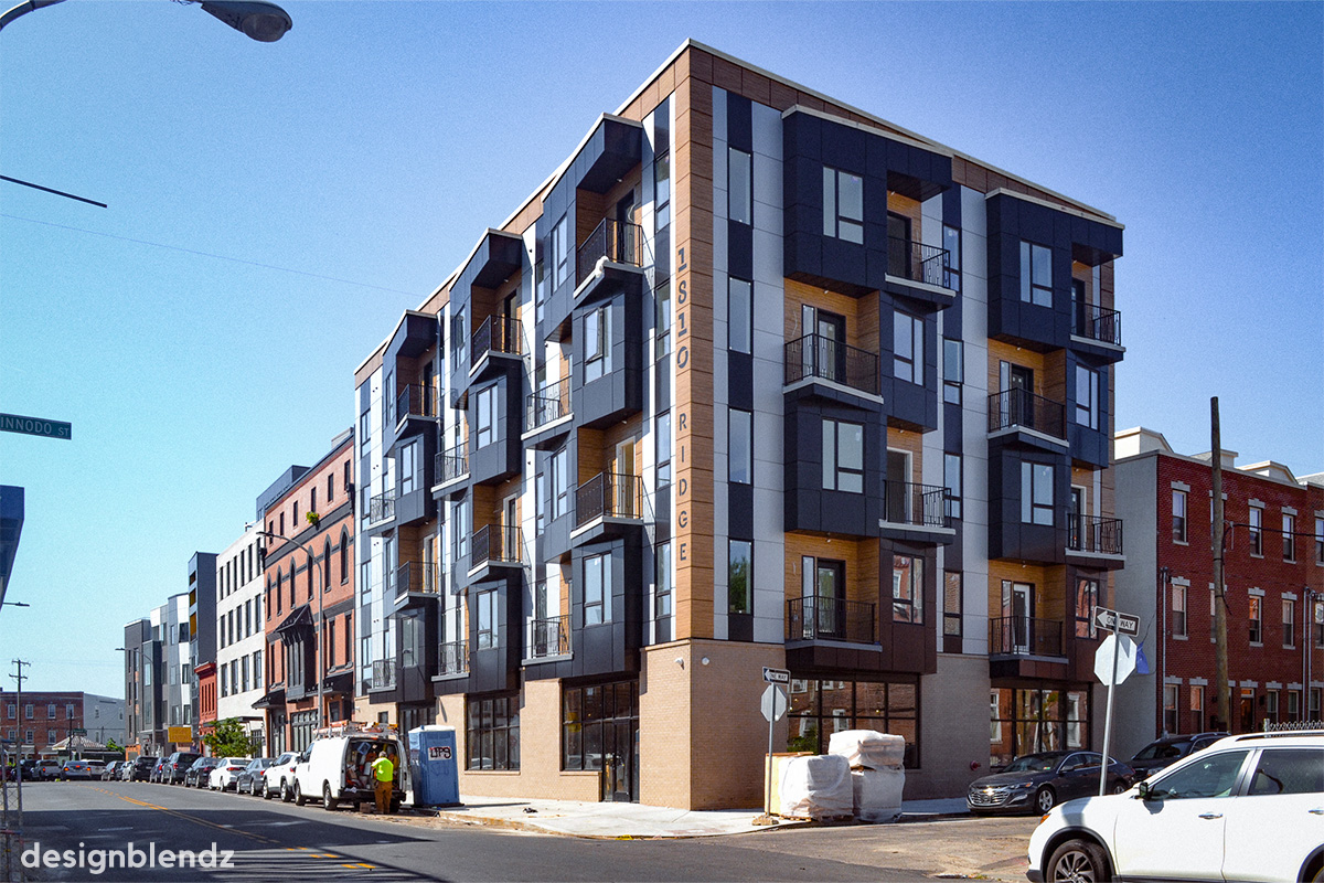 Mixed-use building in Philadelphia's Francisville neighborhood with 24 dwelling units, commercial space, and a dynamic façade design.