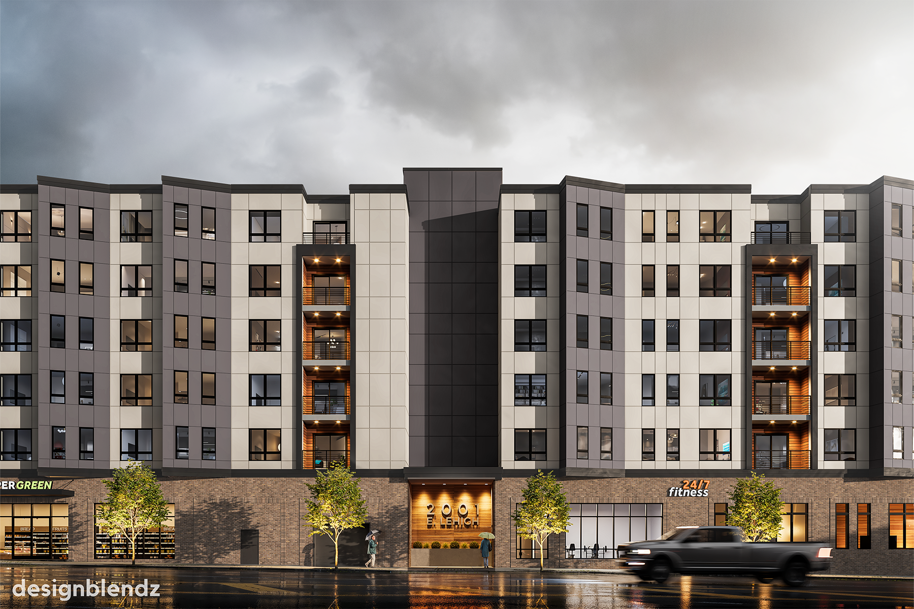 A six-story tall, mixed-use building in East Kensington, Philadelphia
